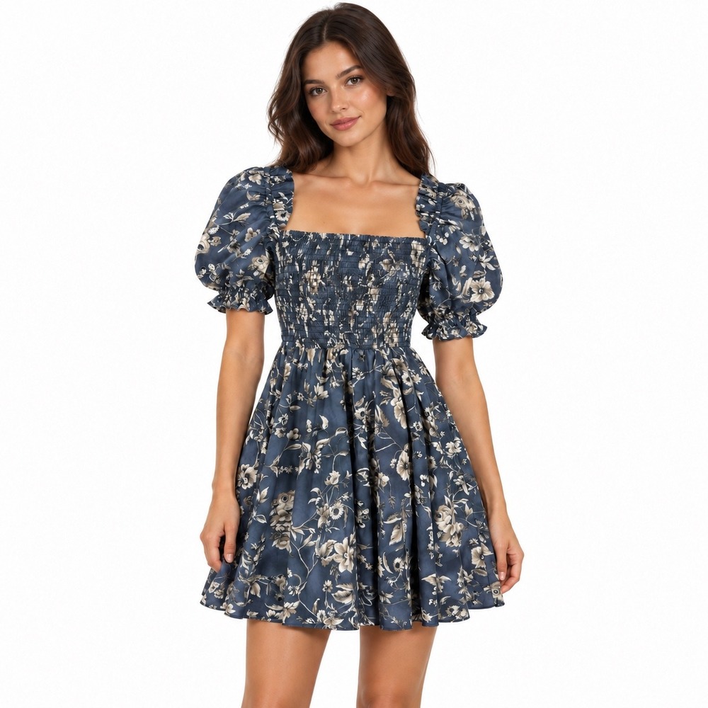 Selkie Blue Floral Smocked Cotton Mini Dress Puff Sleeve Square Neck Size M